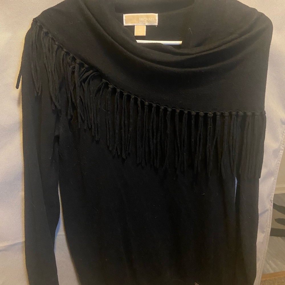Michael Kors Black Cowl Neck Fringe Sweater